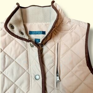 Lauren Ralph Lauren Quilted Vest Jacket Cream Knit-Collar Snap - Women's Medium